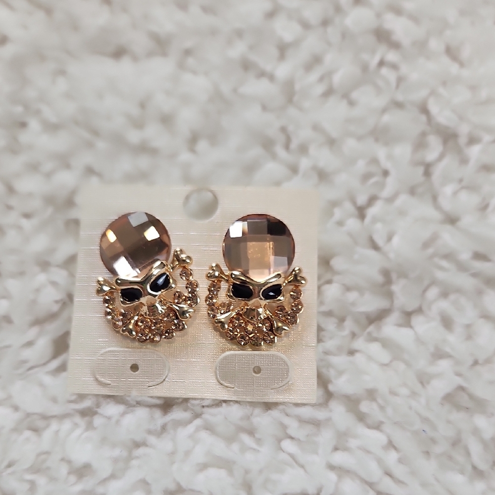 Gold and Black Skull Crossbones Feminine Earrings Champagne Crystal